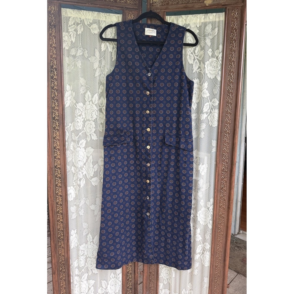 Vintage Susan Bristol 90s Navy Cotton Jumper Midi Dress Button Front Size 8